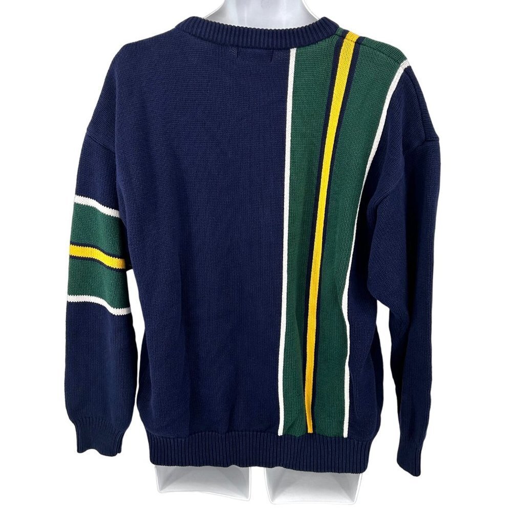 VINTAGE IZOD PREPPY NAVY BLUE GREEN YELLOW WHITE STRIPE SWEATER - L - Picture 3 of 4